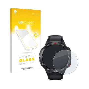 Face avant d’un emballage produit avec le logo de la marque upscreen. À côté, l’appareil Xiaomi Mibro GS Pro est représenté av