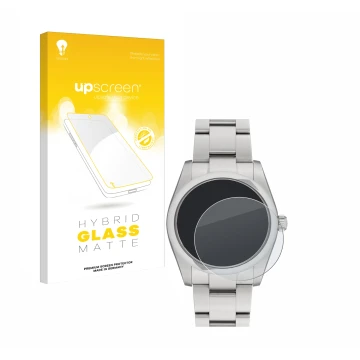 Face avant d’un emballage produit avec le logo de la marque upscreen. À côté, l’appareil Rolex Oyster Perpetual 34 est représe