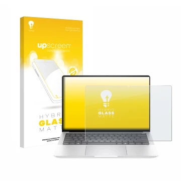 Face avant d’un emballage produit avec le logo de la marque upscreen. À côté, l’appareil HP EliteBook X G1a 14