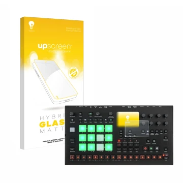 Face avant d’un emballage produit avec le logo de la marque upscreen. À côté, l’appareil Elektron Analog Rytm MKII est représe