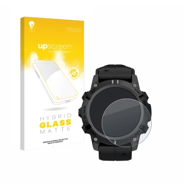 Face avant d’un emballage produit avec le logo de la marque upscreen. À côté, l’appareil Garmin Descent G2 est représenté avec