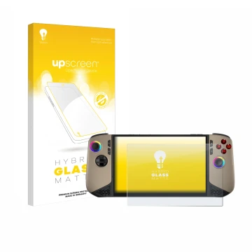 Face avant d’un emballage produit avec le logo de la marque upscreen. À côté, l’appareil MSI Claw 8 AI+ est représenté avec la