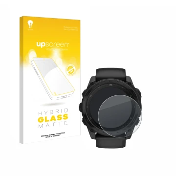 Face avant d’un emballage produit avec le logo de la marque upscreen. À côté, l’appareil Garmin Tactix 8 AMOLED (51 mm) est re