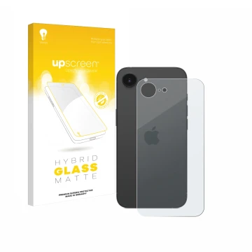 Face avant d’un emballage produit avec le logo de la marque upscreen. À côté, l’appareil Apple iPhone 16e (Arrière) est représ