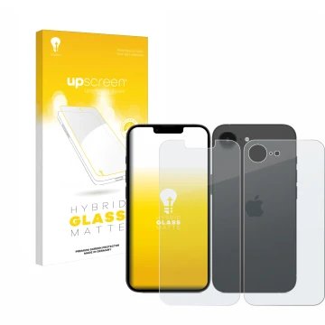 Face avant d’un emballage produit avec le logo de la marque upscreen. À côté, l’appareil Apple iPhone 16e (Avant+Arrière) est 