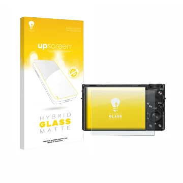 Face avant d’un emballage produit avec le logo de la marque upscreen. À côté, l’appareil Sony Cyber-Shot DSC-RX100 VIIA est re