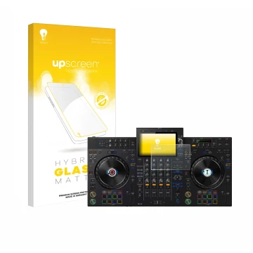 Face avant d’un emballage produit avec le logo de la marque upscreen. À côté, l’appareil Pioneer XDJ-AZ est représenté avec la