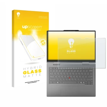 Face avant d’un emballage produit avec le logo de la marque upscreen. À côté, l’appareil Lenovo ThinkPad X1 2-in-1 Gen 10 14