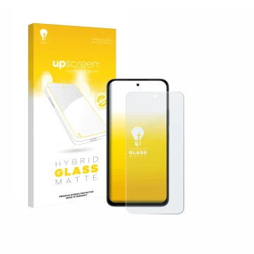 Face avant d’un emballage produit avec le logo de la marque upscreen. À côté, l’appareil Xiaomi Poco M7 est représenté avec la