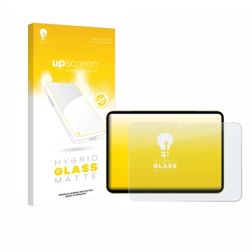 Face avant d’un emballage produit avec le logo de la marque upscreen. À côté, l’appareil Apple iPad Air 11