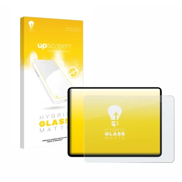 Face avant d’un emballage produit avec le logo de la marque upscreen. À côté, l’appareil Apple iPad Air 13