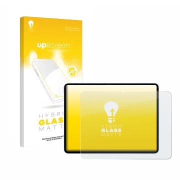 Face avant d’un emballage produit avec le logo de la marque upscreen. À côté, l’appareil Apple iPad Air 13