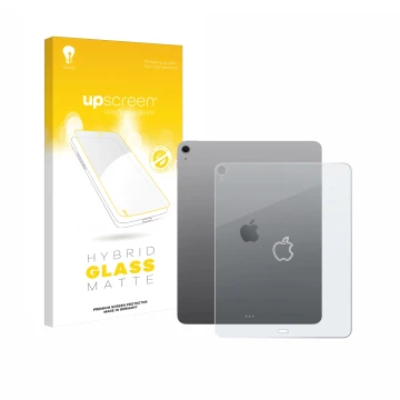 Face avant d’un emballage produit avec le logo de la marque upscreen. À côté, l’appareil Apple iPad Air 13