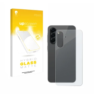 Face avant d’un emballage produit avec le logo de la marque upscreen. À côté, l’appareil Samsung Galaxy A56 5G (Arrière) est r