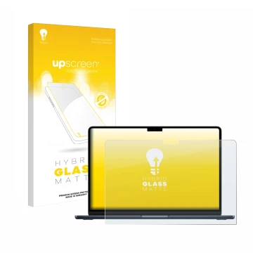 Face avant d’un emballage produit avec le logo de la marque upscreen. À côté, l’appareil Apple MacBook Air 13