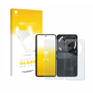 Face avant d’un emballage produit avec le logo de la marque upscreen. À côté, l’appareil Nothing Phone (3a) Pro (Avant+Arrière