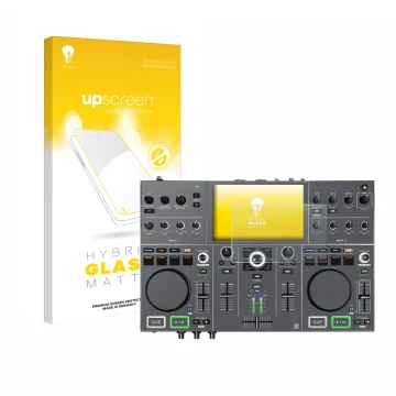 Face avant d’un emballage produit avec le logo de la marque upscreen. À côté, l’appareil Denon DJ Prime Go+ est représenté ave