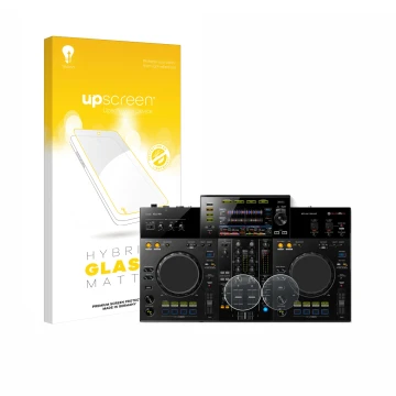 Face avant d’un emballage produit avec le logo de la marque upscreen. À côté, l’appareil Pioneer XDJ -RR (Jog) est représenté 