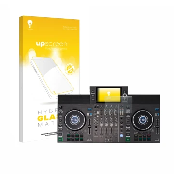 Face avant d’un emballage produit avec le logo de la marque upscreen. À côté, l’appareil Denon DJ SC LIVE 4 (Jog) est représen