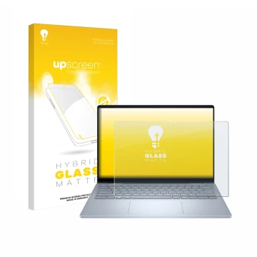 Face avant d’un emballage produit avec le logo de la marque upscreen. À côté, l’appareil Dell 14 Plus 2-in-1 est représenté av