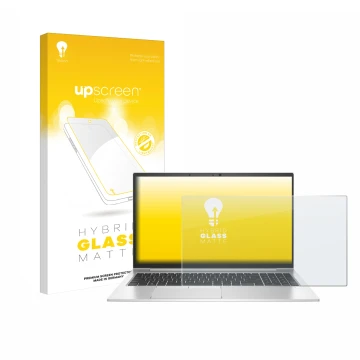 Face avant d’un emballage produit avec le logo de la marque upscreen. À côté, l’appareil HP EliteBook 855 G8 est représenté av