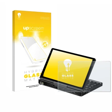 Face avant d’un emballage produit avec le logo de la marque upscreen. À côté, l’appareil GPD Pocket 4 est représenté avec la p