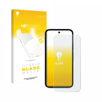 Face avant d’un emballage produit avec le logo de la marque upscreen. À côté, l’appareil Google Pixel 9a est représenté avec l