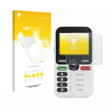 Face avant d’un emballage produit avec le logo de la marque upscreen. À côté, l’appareil Doro Leva X10 est représenté avec la 