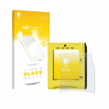 Face avant d’un emballage produit avec le logo de la marque upscreen. À côté, l’appareil Nayax VPOS TOUCH est représenté avec 
