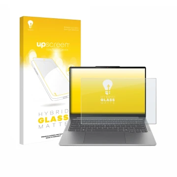 Face avant d’un emballage produit avec le logo de la marque upscreen. À côté, l’appareil Lenovo IdeaPad Pro 5 Gen 10 14
