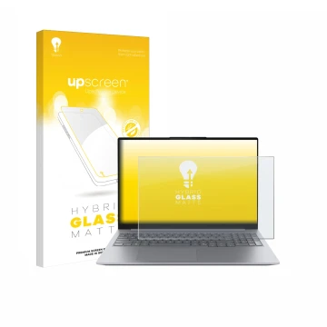 Face avant d’un emballage produit avec le logo de la marque upscreen. À côté, l’appareil Lenovo ThinkBook 16 Gen 8 est représe