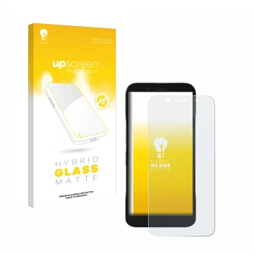 Face avant d’un emballage produit avec le logo de la marque upscreen. À côté, l’appareil Datalogic Memor 12 est représenté ave