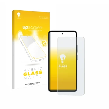 Face avant d’un emballage produit avec le logo de la marque upscreen. À côté, l’appareil realme 14 est représenté avec la prot