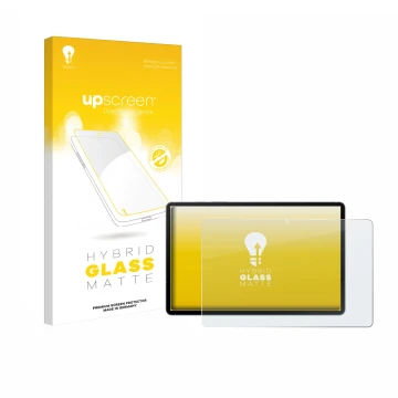 Face avant d’un emballage produit avec le logo de la marque upscreen. À côté, l’appareil Samsung Galaxy Tab S10 FE WiFi est re