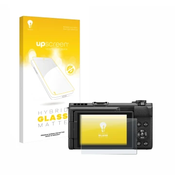 Face avant d’un emballage produit avec le logo de la marque upscreen. À côté, l’appareil Canon PowerShot V1 est représenté ave