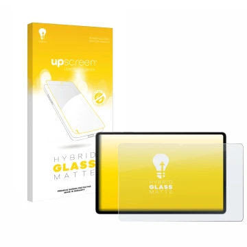 Face avant d’un emballage produit avec le logo de la marque upscreen. À côté, l’appareil Samsung Galaxy Tab S10 FE+ 5G est rep