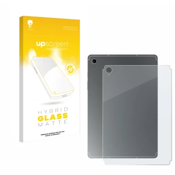 Face avant d’un emballage produit avec le logo de la marque upscreen. À côté, l’appareil Samsung Galaxy Tab S10 FE (Arrière) e