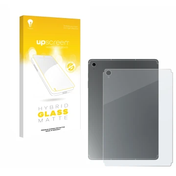 Face avant d’un emballage produit avec le logo de la marque upscreen. À côté, l’appareil Samsung Galaxy Tab S10 FE+ (Arrière) 
