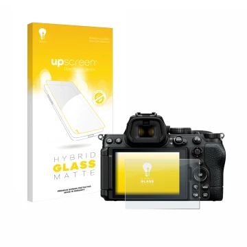 Face avant d’un emballage produit avec le logo de la marque upscreen. À côté, l’appareil Nikon Z5 II est représenté avec la pr