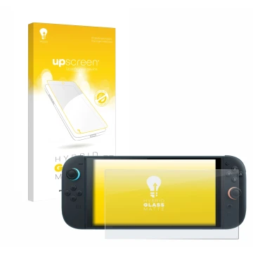 Face avant d’un emballage produit avec le logo de la marque upscreen. À côté, l’appareil Nintendo Switch 2 est représenté avec