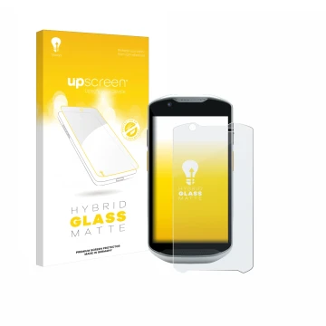 Face avant d’un emballage produit avec le logo de la marque upscreen. À côté, l’appareil Zebra TC52x-HC est représenté avec la