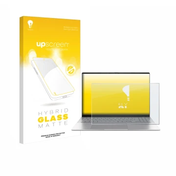 Face avant d’un emballage produit avec le logo de la marque upscreen. À côté, l’appareil ASUS Vivobook S16 S3607 est représent