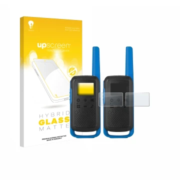 Face avant d’un emballage produit avec le logo de la marque upscreen. À côté, l’appareil Motorola TALKABOUT T62 est représenté