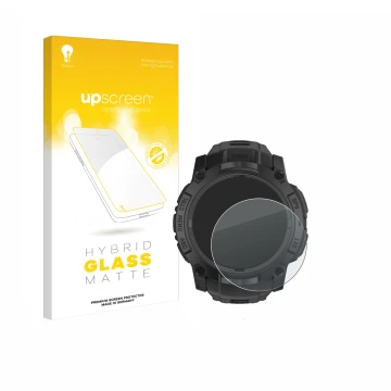 Face avant d’un emballage produit avec le logo de la marque upscreen. À côté, l’appareil Garmin Instinct 3 Tactical AMOLED Edi