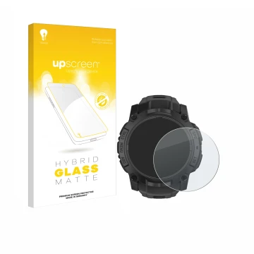 Face avant d’un emballage produit avec le logo de la marque upscreen. À côté, l’appareil Garmin Instinct 3 Solar Tactical Edit
