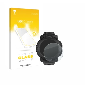 Face avant d’un emballage produit avec le logo de la marque upscreen. À côté, l’appareil Garmin Instinct 3 Solar Tactical Edit