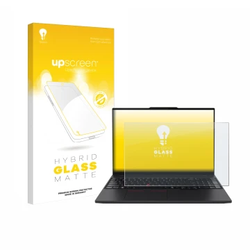 Face avant d’un emballage produit avec le logo de la marque upscreen. À côté, l’appareil Lenovo ThinkPad P16s Gen 4 est représ