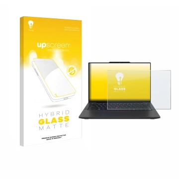 Face avant d’un emballage produit avec le logo de la marque upscreen. À côté, l’appareil Lenovo ThinkPad X13 Gen 6 est représe