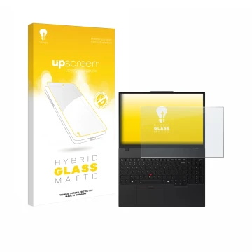 Face avant d’un emballage produit avec le logo de la marque upscreen. À côté, l’appareil Lenovo ThinkPad T16 Gen 4 est représe