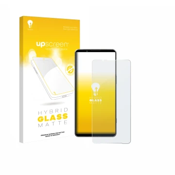 Face avant d’un emballage produit avec le logo de la marque upscreen. À côté, l’appareil Sony Xperia 1 VII est représenté avec